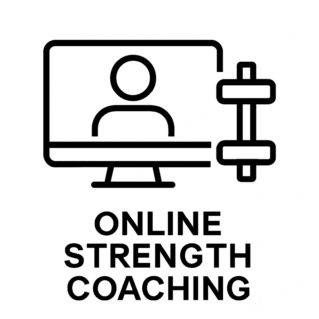 Black-and-white icon of a computer monitor paired with a dumbbell, representing virtual strength training, labeled “Online Strength Coaching.”