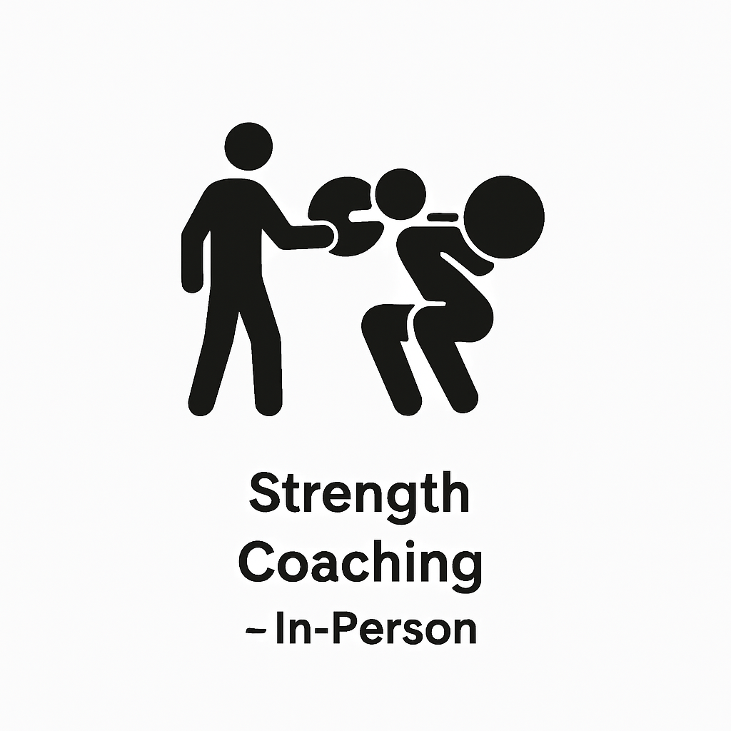 Simple icon of a stick figure performing a barbell squat, symbolizing strength training with the text “Strength Coaching In-Person.”