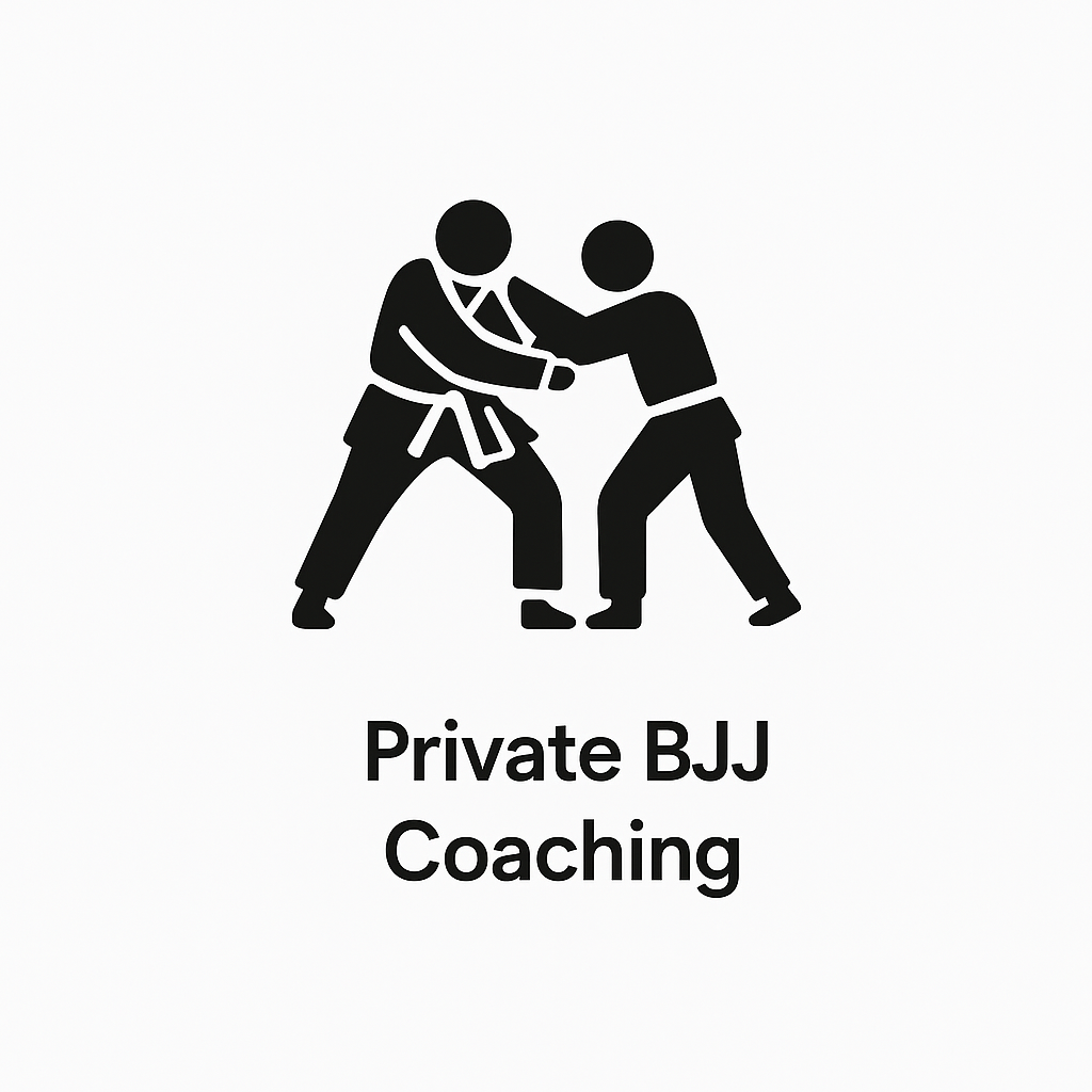 Minimalist black-and-white icon of two grappling figures representing Brazilian Jiu-Jitsu coaching, with the label “Private BJJ Coaching” below.