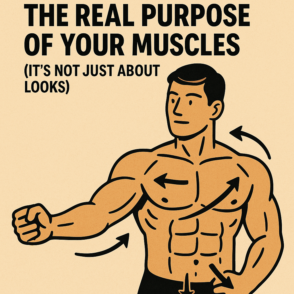 Flat-style digital illustration featuring a stylized, muscular male figure performing a deadlift with perfect form. Surrounded by anatomical icons highlighting major muscle groups, the image includes bold text that reads “The Real Purpose of Your Muscles – Not Just Looks.” Designed with clean lines and a muted color palette, it emphasizes functional strength and movement over aesthetics.