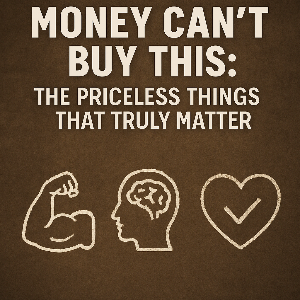 Illustration with bold text reading "Money Can’t Buy This: The Priceless Things That Truly Matter," featuring three chalk-style icons below—a flexed arm for health, a brain for wisdom, and a heart with a checkmark for character—on a textured brown background.