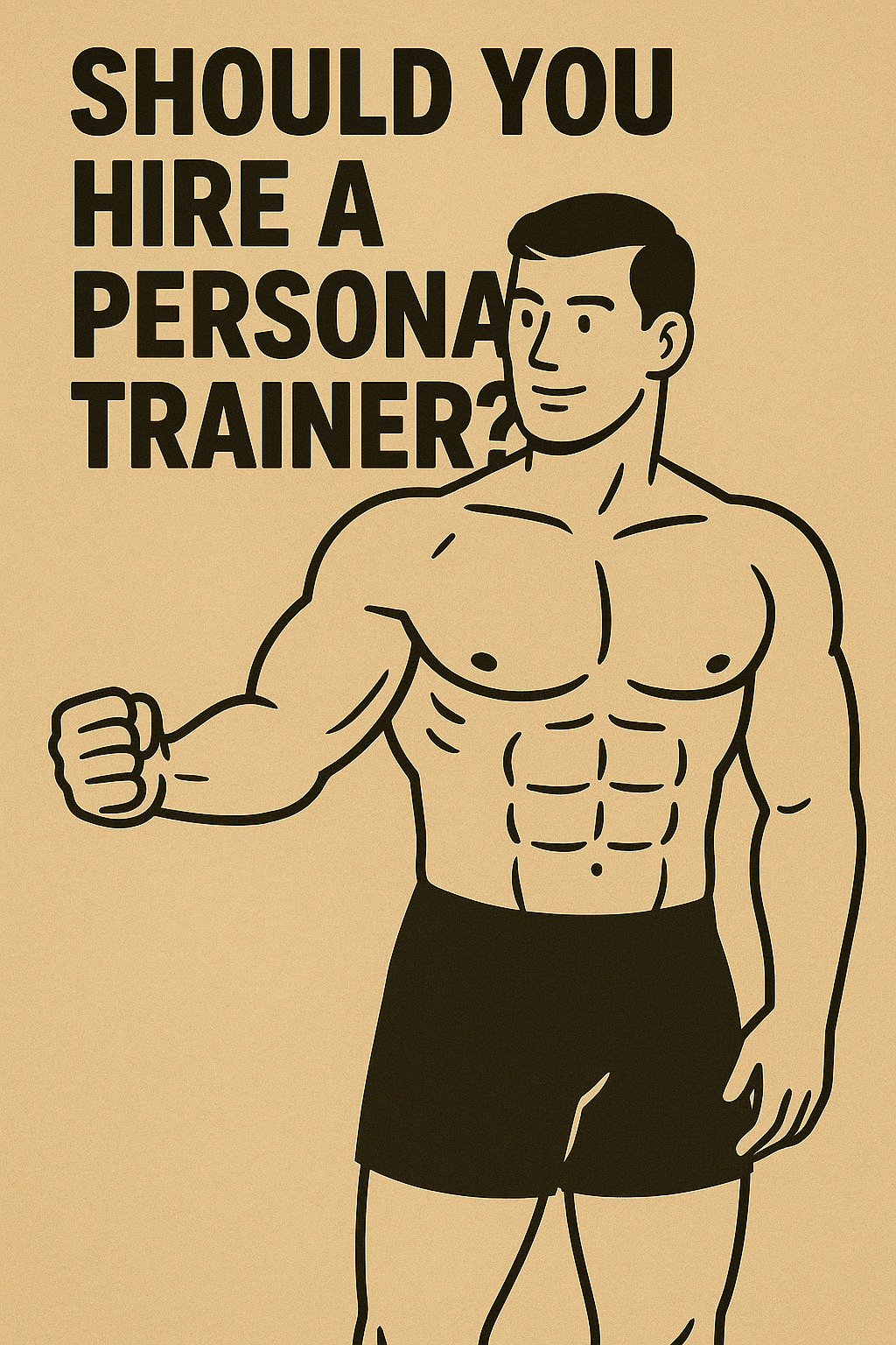 A vintage-style digital illustration of a muscular man in gym shorts standing confidently in front of a barbell rack. The bold, black headline reads: “Should You Hire a Personal Trainer?” The image is rendered in sepia tones with thick outlines and minimalistic detail, evoking a classic instructional poster aesthetic. The character’s posture suggests confidence, guidance, and readiness to coach.