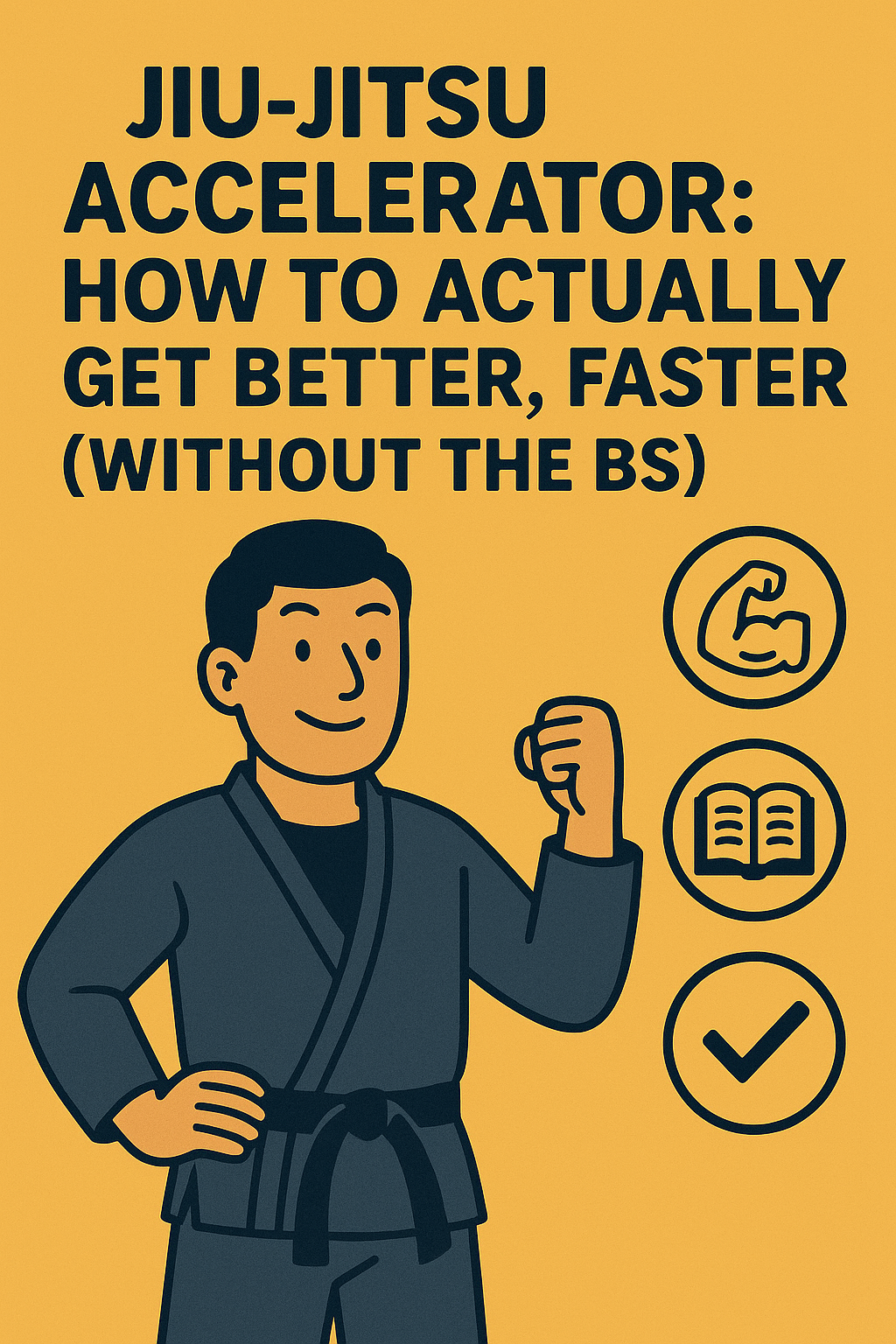 Flat-style digital illustration of a Jiu-Jitsu practitioner in a white gi, confidently performing a technique during training. Surrounded by simple, abstract silhouettes of other students on a tan background, with bold black title text: "How to Get Better at Jiu-Jitsu (Without the BS).