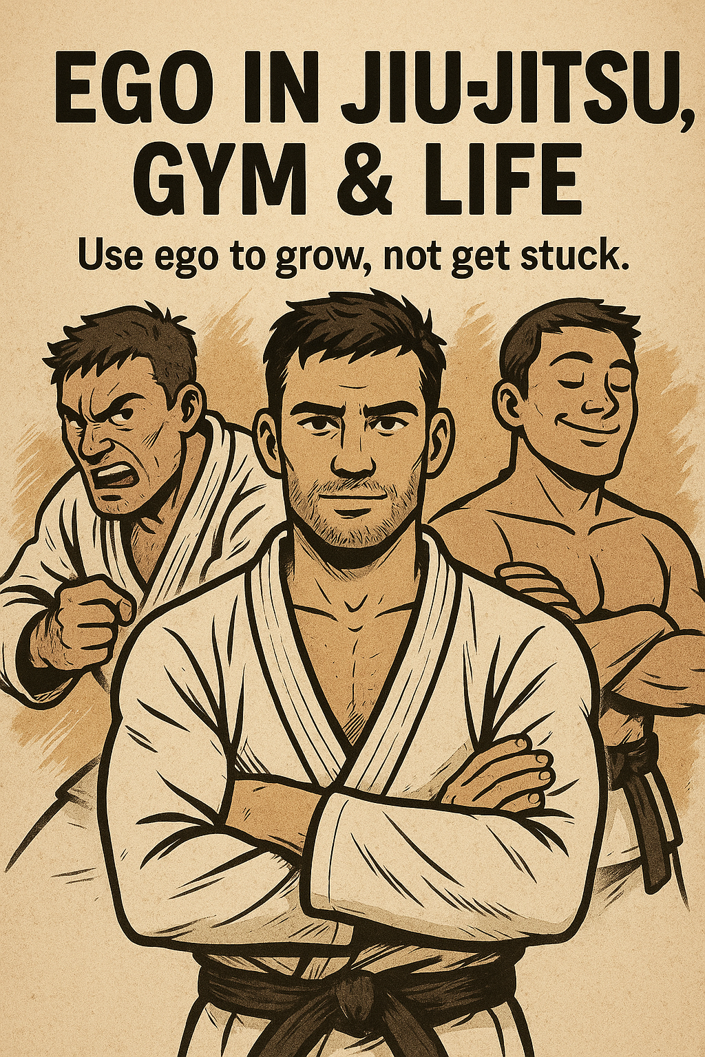 Digital illustration of a focused male martial artist in a grappling stance, with bold text overlay that reads 'Ego: Enemy or Ally?'. The design emphasizes the internal struggle between pride and discipline in Jiu-Jitsu and life.